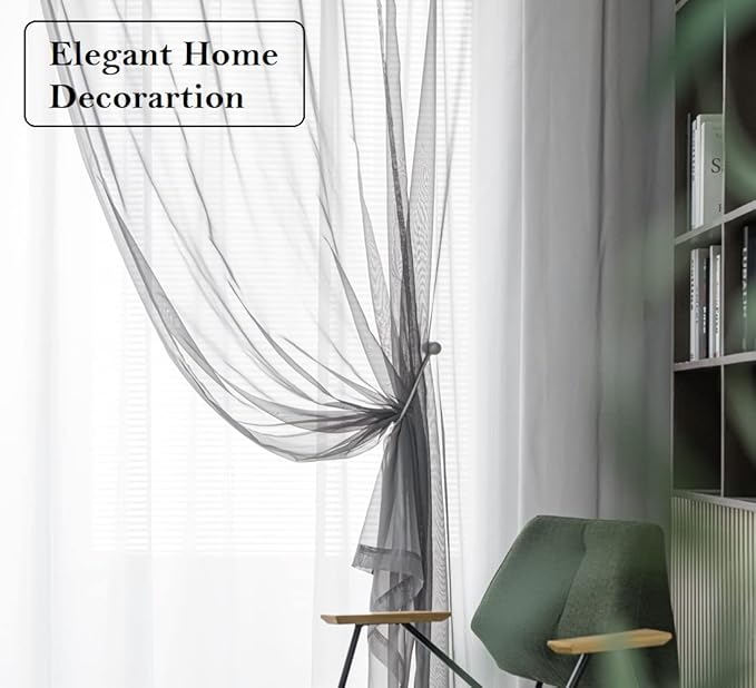 PI Sheer Curtains 84 Inches Length with Rings Top,Privacy Voile Textured Window Backdrop for Bedroom/Living Room 2 Panels (W52 X L84, Dark Grey)