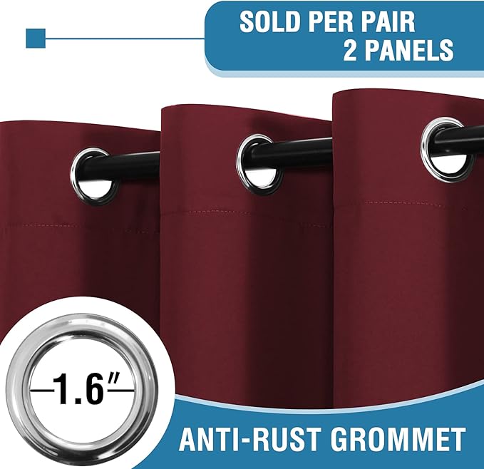 H.VERSAILTEX 100% Blackout Curtains for Bedroom Thermal Insulated Blackout Curtains 63 inch Length Heat and Full Light Blocking Curtains for Living Room with Black Liner 2 Panels Set, Burgundy
