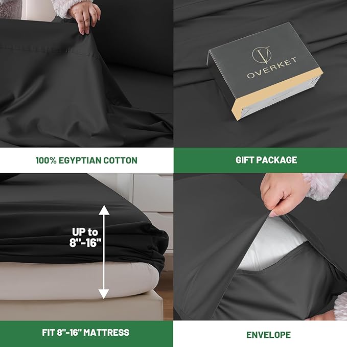 1000 Thread Count Egyptian Cotton Sheets Queen Size Set 4PCS Sateen Weave Soft Breathable 16-Inch Deep Pocket（Queen,Black）