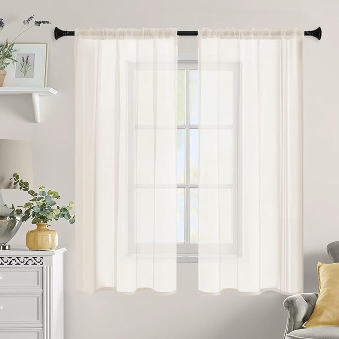 Sheer Curtains 72 Inches Long 2 Panels, Rod Pocket Short Curtain for Kitchen, Bedroom, Cafe Window(Ivory 38" W x 72" L)