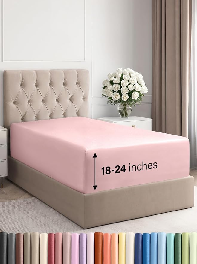 Extra Deep Twin XL Fitted Sheet - Hotel Luxury Single Fitted Sheet Only - Easily Fits 18 inch to 24 inch Mattress - Ultra Soft, Wrinkle Free with Extra Deep Pockets - Breathable & Comfy - Baby Pink