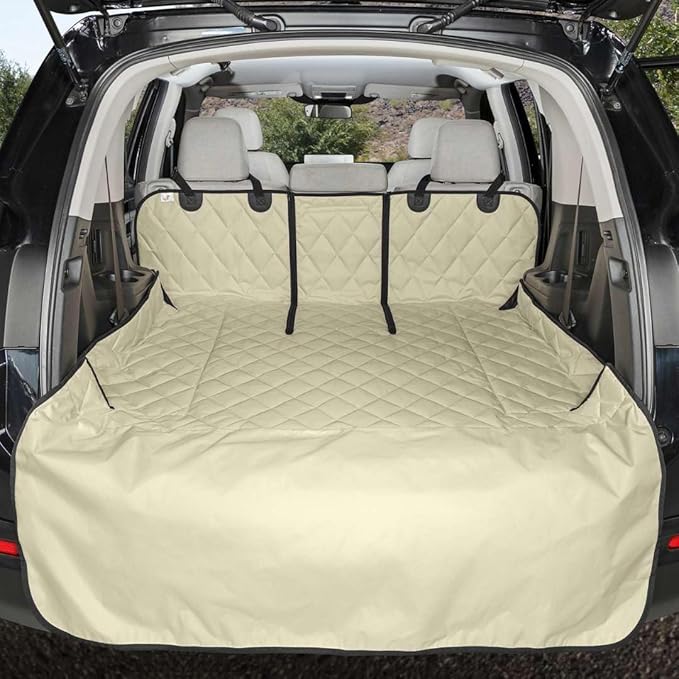 4Knines Split Cargo Liner for SUV – For Dogs & Pets, Heavy-Duty, Waterproof Trunk Mat & Cargo Cover – Fits 60/40 Split Bench & Armrest Pass-Through – Machine Washable, Non-Slip, Durable (Large, Beige)