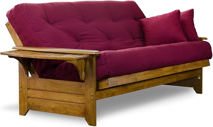 Nirvana Futons Brentwood Tray Arm Futon Sofabed Set - Queen Frame, 8" Burgundy Mattress, Rich Heritage Finish