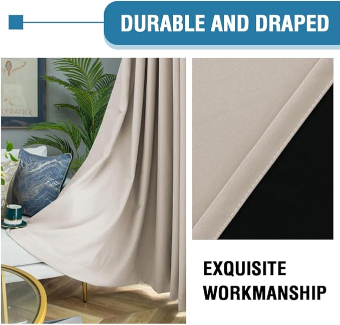 H.VERSAILTEX 100% Blackout Curtains for Bedroom Thermal Insulated Blackout Curtains 63 inch Length Heat and Full Light Blocking Curtains for Living Room with Black Liner 2 Panels Set, Natural