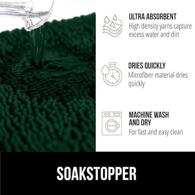 GORILLA GRIP SOAKSTOPPER Dog Door Mat, Machine Washable Rug Absorbent Doormat Captures Moisture Mud Dirt, Quick Dry Soft Chenille Entryway Rugs Indoor Entrance Mats for Dog Paws, 24x17 Deep Green
