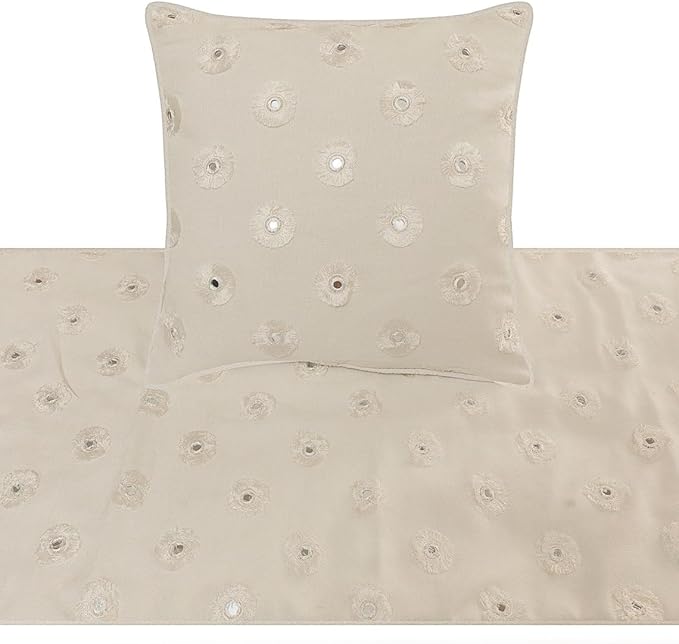 The HomeCentric King Queen Twin White Decorative Queen 74"x18" Bed Runner with 2 Pillow Cover, Mirror Embroidery Bed Scarf on Cotton Fabric - Mirror Lover