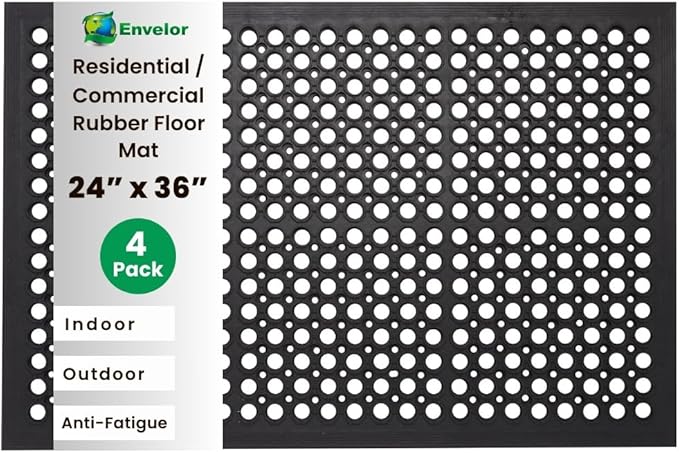 Envelor 4-Pack Anti Fatigue Rubber Floor Mat - Non-Slip Restaurant Mat with Drainage - 24 x 36 Inches