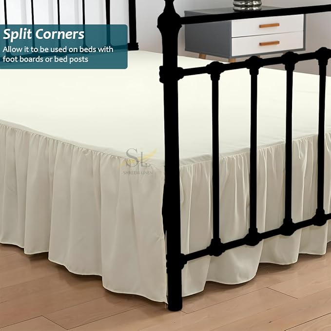 Shreem Linen Ruffled Bed Skirt with Split Corners, Gathered Style, 100% Microfiber, 8-Inch Drop, Dust Ruffle Bedskirt with Platform, Short Queen, Ivory