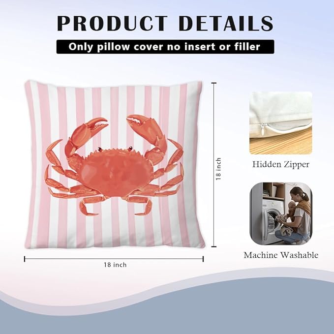 Coastal Red Crab Pillow Covers 18x18 Set of 2, Nautical Coastal Red Crab Bubbles Pink White Striped Throw Pillow Covers for Beach House Home, Preppy Beach Room Decor