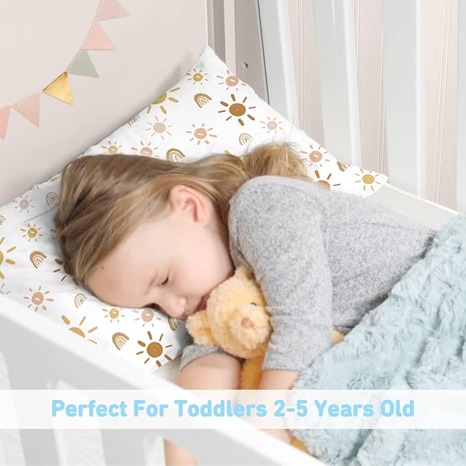 Babebay Toddler Pillow,13X18 Toddler Pillows for Sleeping, Machine Washable Kids Pillow with Pillowcase, Perfect for Travel, Toddlers Cot (Sunshine Rainbow)