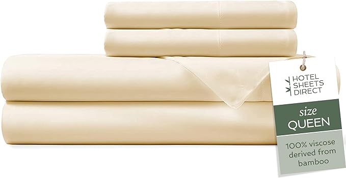 Hotel Sheets Direct 4 Piece Bed Sheet Set Queen Size, 100% Viscose Derived from Bamboo Sheets Set with 2 Pillowcases, Cooling & Breathable Luxury Bedding, Moisture-Wicking & Silky Soft, Light Yellow