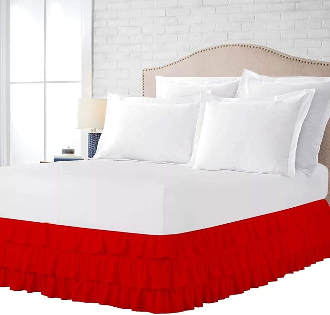 Multi-Ruffle Bed Skirt, Soft Multi Elastic Dust Ruffles with Wrap Around Bed Skirt Easy Fit with 18 Inch Drop 100% Cotton 800 Thread Count (Olympic Queen, Red)