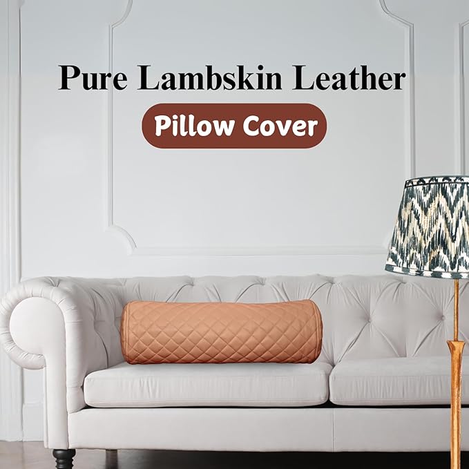 Neck Roll Pillow Cushion Cover, 14x7 Inch Full Moon Round Bolster Pillow Case, Cylinder Soft Lambskin Leather Pillowcase for Head, Spine & Neck Support During Sleep - Quilted Beige Pack of 2