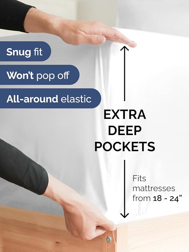 Extra Deep Full Fitted Sheet - Hotel Luxury Single Fitted Sheet Only - Easily Fits 18 inch to 24 inch Mattress - Ultra Soft, Wrinkle Free w/Extra Deep Pockets - Easy-Care, Breathable & Comfy - White