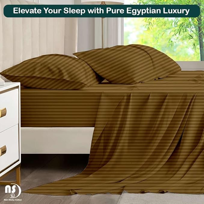 NON Sticky cotton Queen Size Sleeper Sofa Sheets, 4 Piece Egyptian Cotton Bed Sheet Set for Sofa Bed, 10" Deep Pocket for Pull Out Couch Mattress, 60" x 75", Taupe Stripe, Soft & Breathable