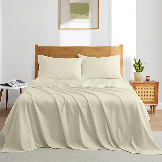 Shreem Linen XL Twin Sheets Set - Luxury 338 Thread Count 100% Egyptian Cotton Sateen, Twin XL Sheet Set with All Around Elastic for a, Hotel Quality Bedding (Ivory Solid)