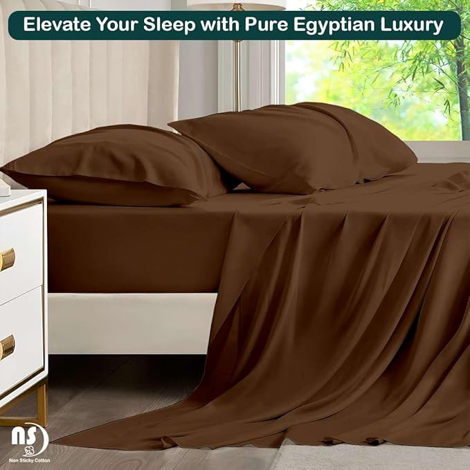 NON Sticky cotton Queen Size Sleeper Sofa Sheets, 4 Piece Egyptian Cotton Bed Sheet Set for Sofa Bed, 6" Deep Pocket Fitted Sheet for Pull Out Couch Mattress, 60" x 75", Chocolate Solid