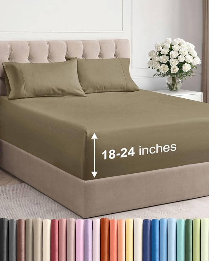 Extra Deep Pocket Queen Sheet Set - 4 Piece Breathable & Cooling Bed Sheets - Hotel Luxury Sheet Set - Ultra Soft, Wrinkle Free & Comfy - Easily Fits Extra Deep Mattresses - Deep Pocket Khaki Sheets