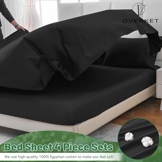 1000 Thread Count Egyptian Cotton Sheets Queen Size Set 4PCS Sateen Weave Soft Breathable 16-Inch Deep Pocket（Queen,Black）