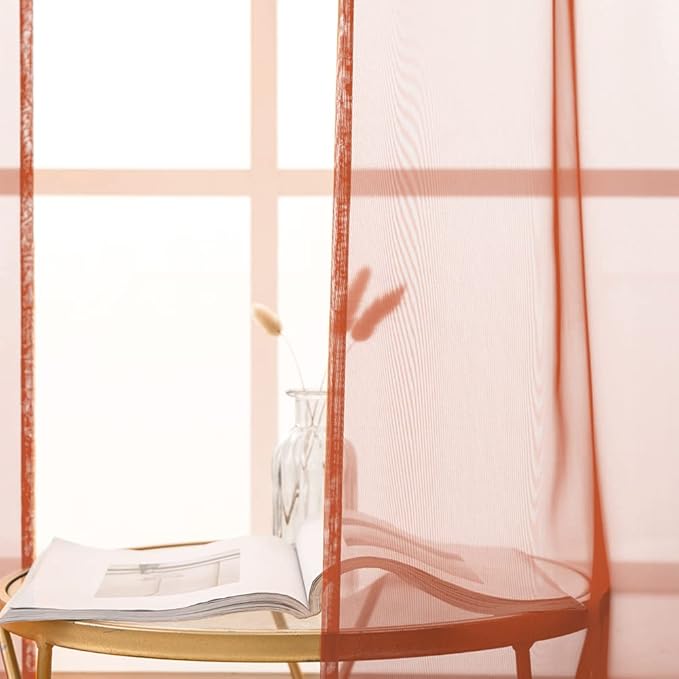 MIULEE Short Sheer Curtains 30 Inch Length for Kitchen Bathroom Cafe Half Window Treatment, Terracotta Rod Pocket Tier Fall Curtains 2 Panels 29x30 Inches Long, Burnt Orange