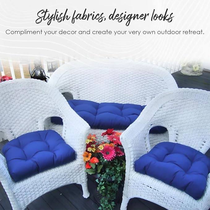 RSH DECOR: Tufted U-Shape Wicker Seat Cushions Set of 2 | 19” x 19” | All-Weather Spun Fabric | Water-Resistant | Outdoor Chair Cushions for Patio Furniture | Telfair Peacock Blue - Made in USA