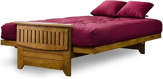Nirvana Futons Brentwood Tray Arm Futon Sofabed Set - Queen Frame, 8" Burgundy Mattress, Rich Heritage Finish