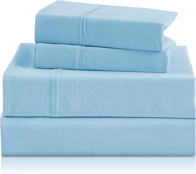 Silky Soft Queen Sheet Set - Luxury 4 Piece Breathable Cooling Sheets for Queen Size Bed, 16" Deep Pocket Easy Care Wrinkle Free Bedding Sheet and Pillowcase Set, Sky Blue
