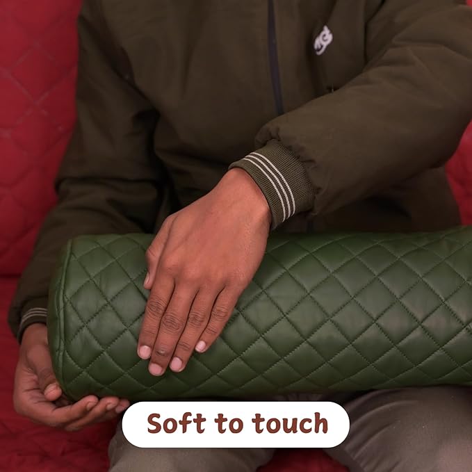 Neck Roll Pillow Cushion Cover, 20x7 Inch Full Moon Round Bolster Pillow Case, Cylinder Soft Lambskin Leather Pillowcase for Head, Spine & Neck Support During Sleep - Quilted Dark Green Pack of 1