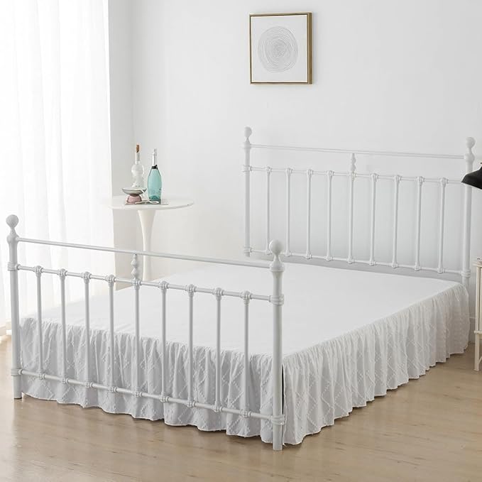 Bed Skirt King Size Ruffled Bed Skirt with Split Corners, 16 Inch Drop Dust Ruffle Bed Skirts with Platform, Boho Tufted Shabby Chic Full Size Bed Skirts, White