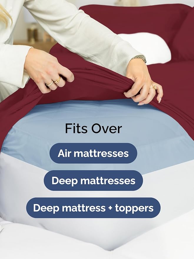 Extra Deep Cal King Fitted Sheet - Hotel Luxury Single Fitted Sheet Only - Easily Fits 18 inch to 24 inch Mattress - Ultra Soft, Wrinkle Free with Extra Deep Pockets - Breathable & Comfy - Burgundy