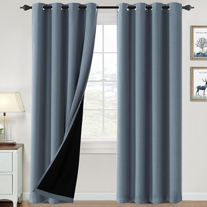 H.VERSAILTEX 100% Blackout Curtains for Bedroom Thermal Insulated Blackout Curtains 108 inch Length Full Light Blocking Curtains for Living Room with Black Liner 2 Panels Set, Stone Blue