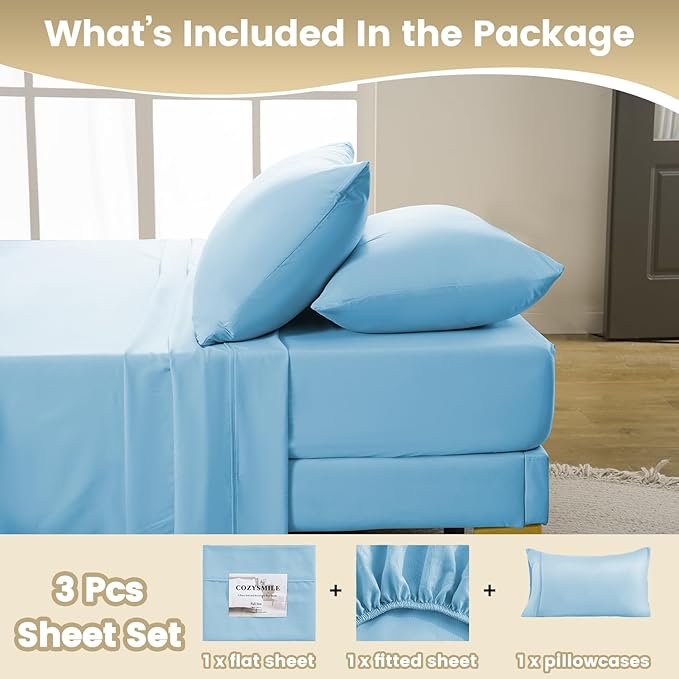 Holtel Luxury Twin Sheet Set - 3 Piece Soft Microfiber Sheets for Twin Size Bed, 16" Deep Pocket Easy Care Wrinkle Free Cooling Bedding Sheet and Pillowcase Set, Sky Blue