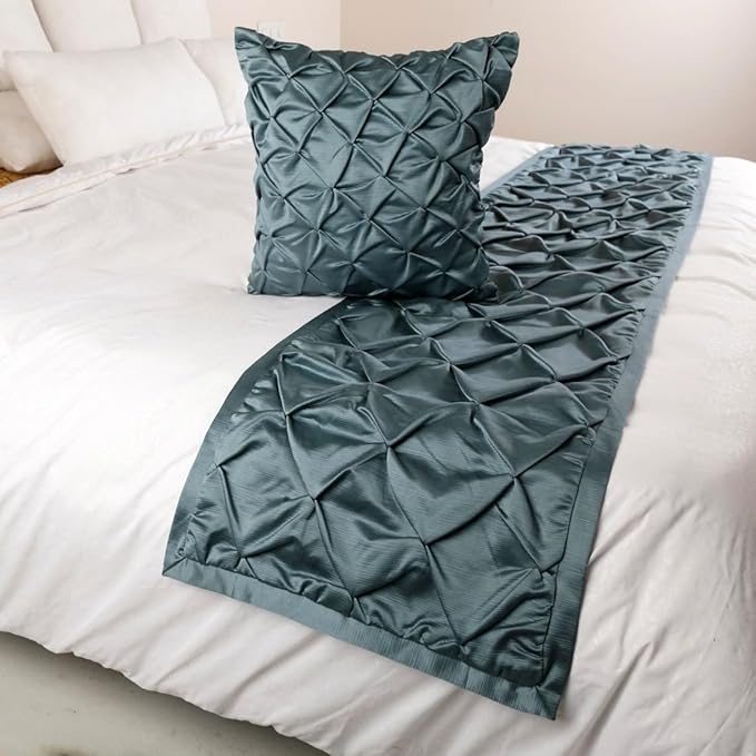 The HomeCentric Designer Blue Twin 53 x 18 inch Bed Runner Without Pillow Cover, Satin Pintucks Bed Scarf, Solid Color Modern - Satin Nights