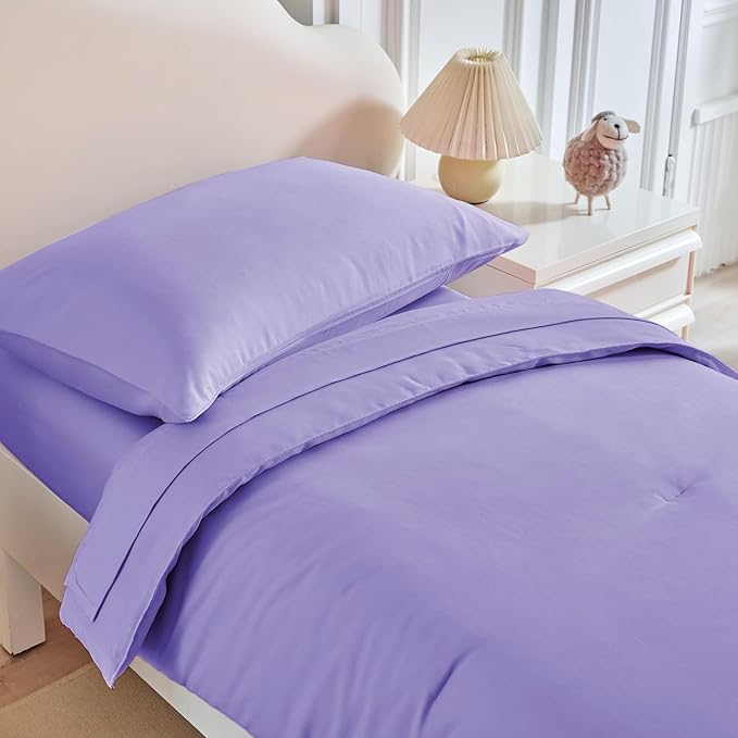 Toddler Bedding Set - 5 Piece Soft and Breathable Toddler Bed Set for Boys and Girls, Includes Quilted Comforter, Fitted Sheet, Flat Top Sheet, Standard Pillowcase and Toddler Pillowcase, Purple