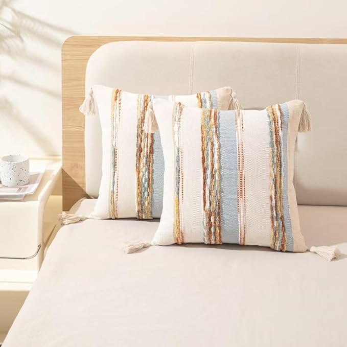 Boho Throw Pillow Covers 18x18 Set of 2 Woven Tufted Farmhouse Pillows Cover with Tassels Textured Striped Cushion Case Neutral Pillow Cases Decorative Pillowcase for Sofa Couch,Light Blue