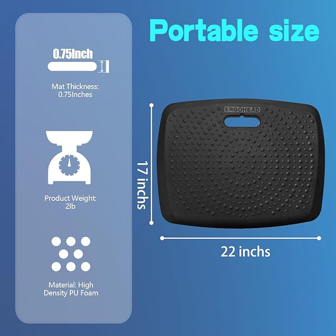 Anti Fatigue Kitchen Floor Mat Comfort Standing Mat, Portable Office Standing Desk Mat, Multi-Purpose Kitchen Rug, Built-in Handle with Massage Points Comfort Floor Mat (Black, 17" x 22")