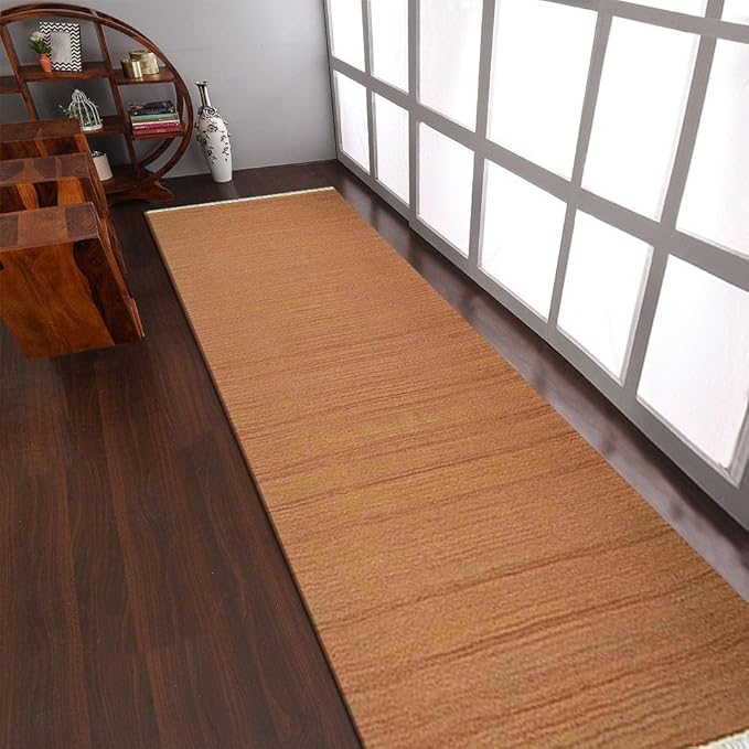 Rugsotic Carpets Hand Woven Flat Weave Kilim Wool ECO-Friendly Area Rugs - 2'6''x10', Runner Shape, Orange Color, Solid Plain Design, Low Pile Handmade Rugs for Living Room, Bed Room (D00111)