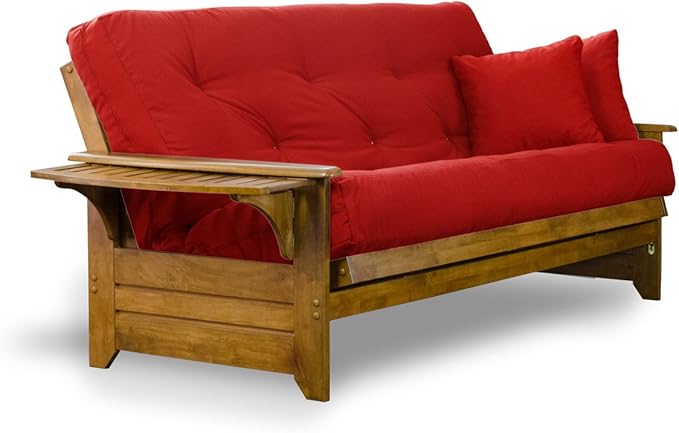Nirvana Futons Brentwood Tray Arm Futon Sofabed Set - Full Frame, 8" Thick Red Mattress, Rich Heritage Finish