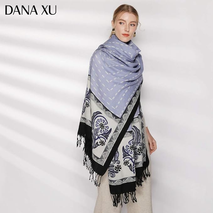 DANA XU 100% Merino Wool Pashmina Shawl for Women 96"x43", Oversized Cashmere Wrap with Tassels, Floral Travel Blanket Cape