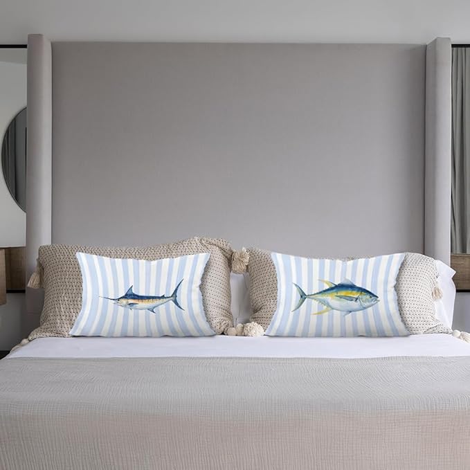 Coastal Beach Fish Pillow Covers 12x20 Set of 2, Ocean Marlin Tuna Fish Blue White Striped Lumbar Throw Pillow Covers for Boys Bedroom Beach House Home