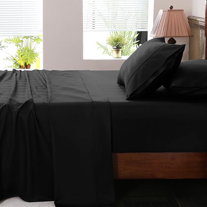 Extra Deep Pocket King Sheets 18-24 Inch 100% Egyptian Cotton 1000 Thread Count Sateen Weave Soft Breathable 4 Pieces（King，Black）