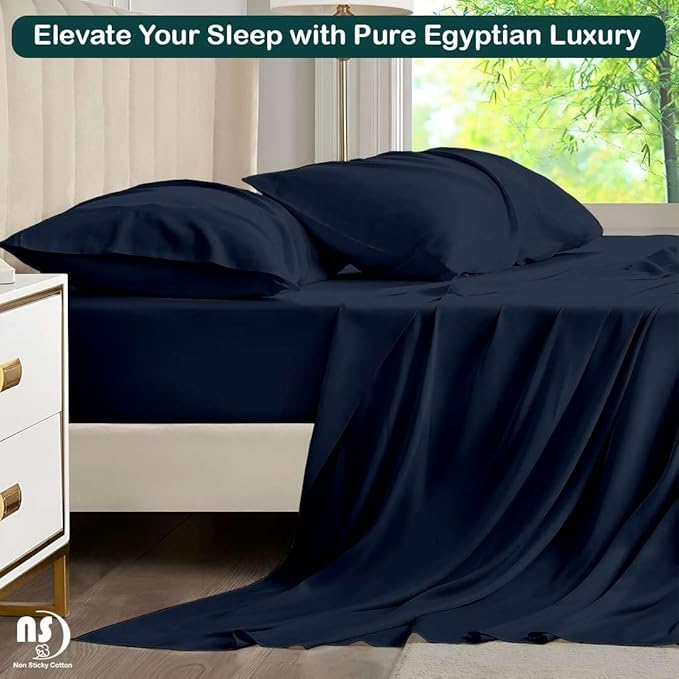 NON Sticky cotton Queen Size Sleeper Sofa Sheets, 4 Piece Egyptian Cotton Bed Sheet Set for Sofa Bed, 7" Deep Pocket for Pull Out Couch Mattress, 60" x 75", Navy Blue Solid, Soft & Breathable