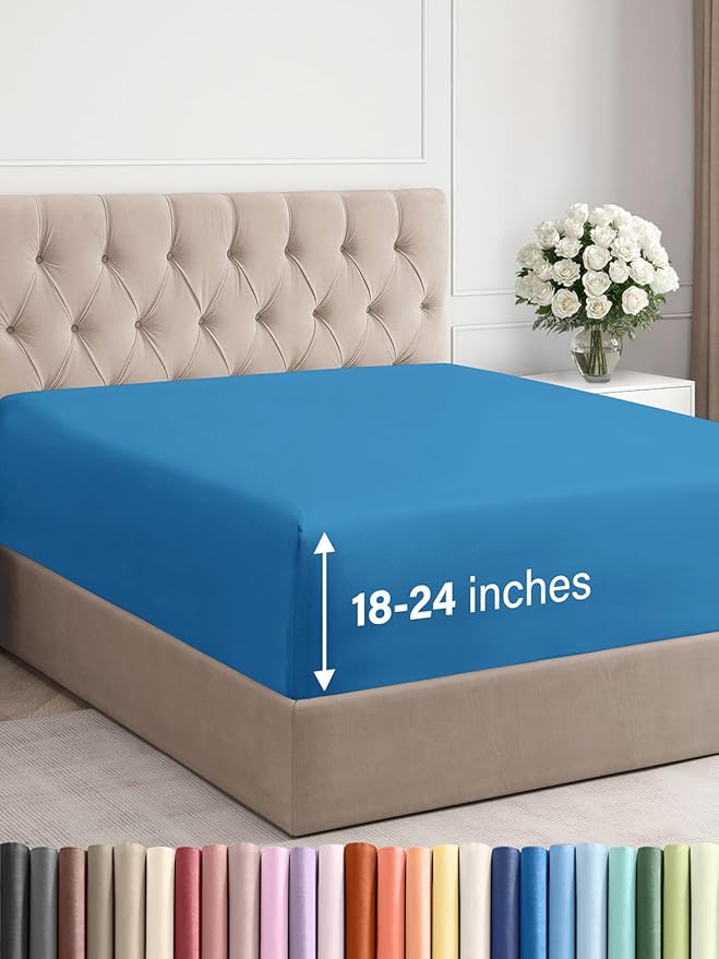 Extra Deep Full Fitted Sheet - Hotel Luxury Single Fitted Sheet Only - Easily Fits 18 inch to 24 inch Mattress - Ultra Soft, Wrinkle & Fade Free w/Extra Deep Pockets - Breathable & Comfy - Denim Blue