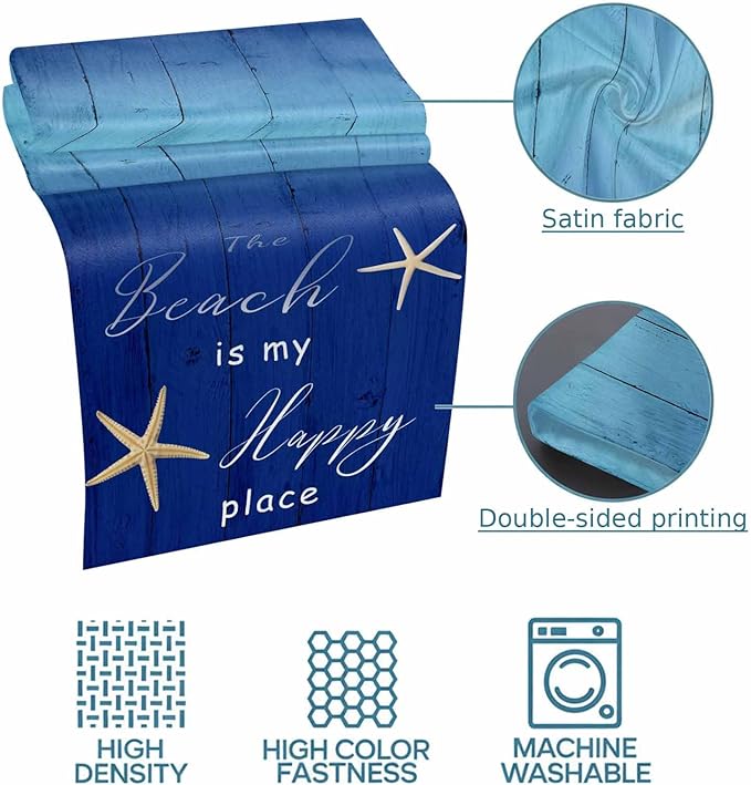 Happy Beach Place Marine Starfish Bed Runners for Bedroom Hotel,Decorative Bedding Scarf Gradient Blue Wood Grain Bed End Blanket Bedding Runner Scarves for Full Size Bed,83x20in