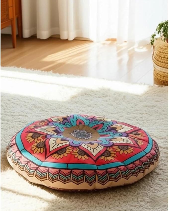 Mandala Round Floor Pillow - 16x16 inch Reversible Cotton Linen Meditation Cushion for Yoga, Balcony & Patio Decor (Colorful)