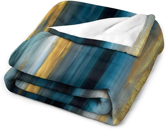 Fashion Gradient Blanket, Modern Abstract Art Gold Lake Blue Painting Strokes Pattern Soft Warm Cozy Plush Flannel Covers for Livingroom Bedroom Couch Chair Camping Travel Home Decor Tapestry 60x80in