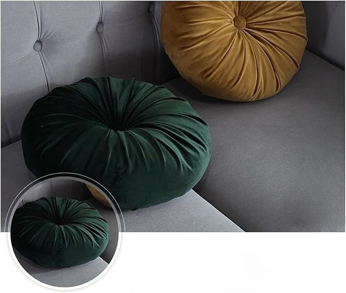Round Throw Pillow Velvet Pumpkin Pleated Meditation Pillow Solid Color Home Decorative Throw Pillow Floor Cushion for Sofa Chair Living Room Decoration (Dark Green)