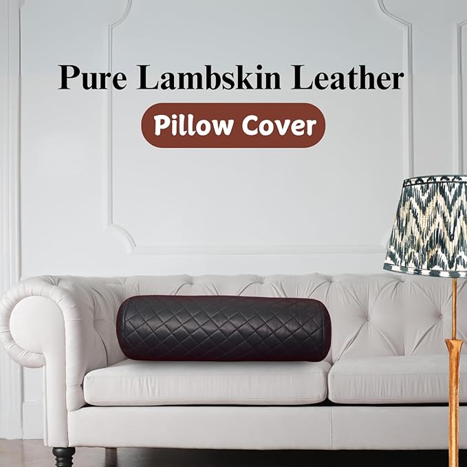 Neck Roll Pillow Cushion Cover, 16x6 Inch Full Moon Round Bolster Pillow Case, Cylinder Soft Lambskin Leather Pillowcase for Head, Spine & Neck Support During Sleep - Quilted Gun Metal Blue Pack of 1