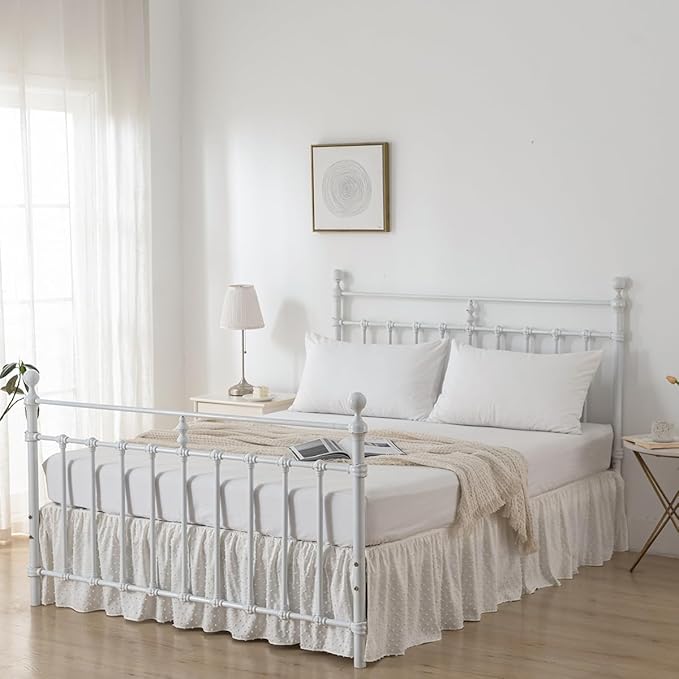 Tufted Dot Bed Skirt King Size Ruffled Bed Skirt with Split Corners, 12 Inch Drop Dust Ruffle Bed Skirts with Platform, Ivory