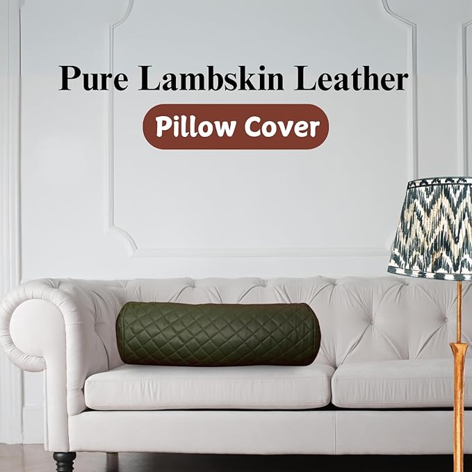 Neck Roll Pillow Cushion Cover, 24x7 Inch Full Moon Round Bolster Pillow Case, Cylinder Soft Lambskin Leather Pillowcase for Head, Spine & Neck Support During Sleep - Quilted Dark Green Pack of 2